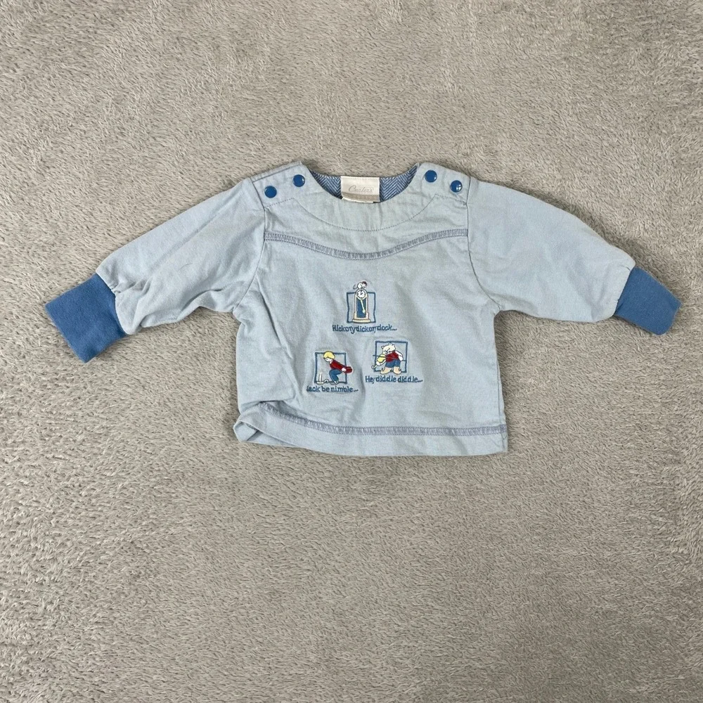 Vintage Carters Classics Shirt Baby 0-3M‎ Blue Nursery Rhyme Embroidered 90s